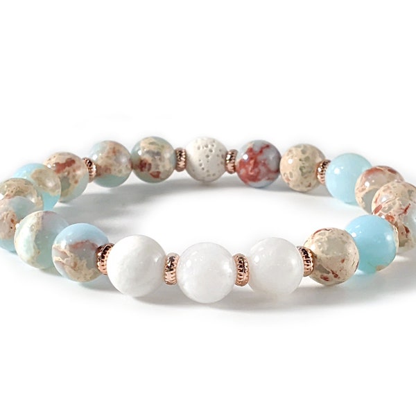 Aqua Terra Jasper, Moonstone, Lava, 24K Rose Gold Bracelet - Calming, Anxiety Relief (8mm)