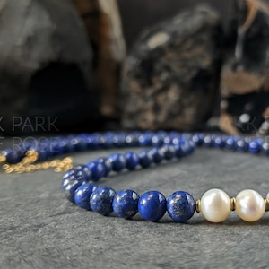 Stunning High Grade 6mm Lapis Featuring AAAAA Irregular Baroque Freshwater Pearl Necklace | Lapis Lazuli Necklace, Freshwater Pearl Necklace