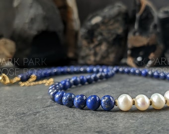 Lapis Lazuli & Baroque Pearl Necklace featuring 24K Gold Clasp (6mm)