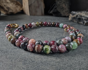 Collana con moschettone in perline di tormalina mista AAAAA da 8 mm, acciaio inossidabile dorato o argentato, pietra portafortuna di ottobre