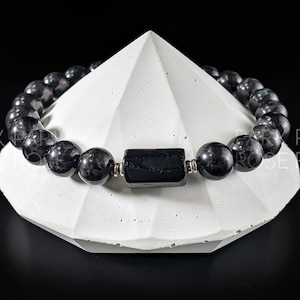 Arfvedsonite + Black Tourmaline Nugget Gemstone Stretch Bracelet (8mm)