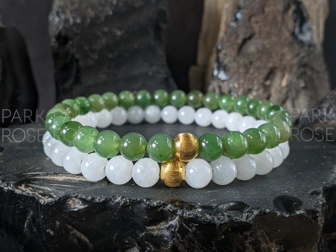 Green & White Nephrite Jade Bracelet Stack: 24K Gold Cat Eye Bead (6mm ...