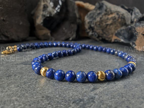 Lapis Lazuli Necklace with 24K Solid Gold Cat Eye Beads (6mm)