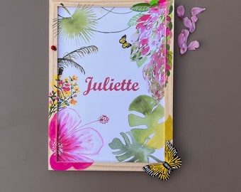 Personalized poster flowers and leaves / painted flowers on frame / wooden butterfly / Thank you Maitrese / Mistress gift / ATSEM/ AVS