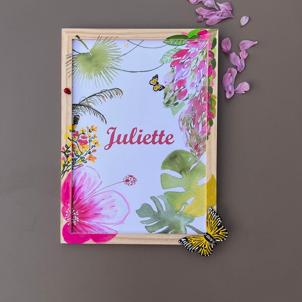 Affiche personnalisée fleurs et feuilles / fleurs peintes sur cadre / papillon bois / Merci Maitrese / Cadeau maîtresse / ATSEM/ AVS