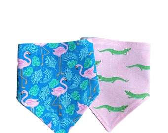 Pink Paradise, Reversible Snap-on Pet Bandana, for Cats and Dogs, Cat Bandana, Dog Bandana, Dog and Cat Mom Gifts, Flamingo and Alligators