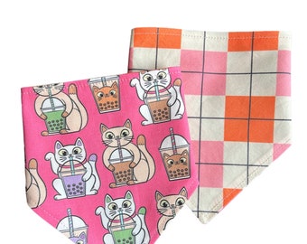 Boba Cat, Reversible Snap-on Pet Bandana, for Cats and Dogs, Cat Bandana, Dog Bandana, Dog and Cat Mom Gifts, Boba Tea