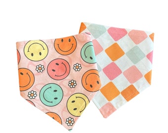 Groovy Smiles, Reversible Snap-on Pet Bandana, for Cats and Dogs, Cat Bandana, Dog Bandana, Dog and Cat Mom Gifts