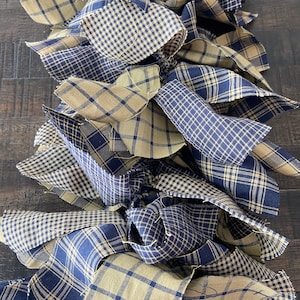Blue and Tan Homespun Garland, Blue and Tan Fabric Swag, Farmhouse Garland, Mantel Garland, Rag Tie Garland