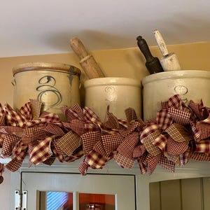 Red and Tan Homespun Fabric Garland, Farmhouse Mantel Decor, Rag Tie Swag, Christmas Decoration