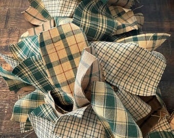 Green and Tan Plaid Homespun Fabric Garland: Farmhouse Mantel Decor