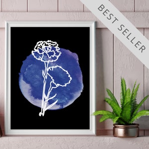 Watercolor Indigo Floral ⁓ Instant Digital Download Print ⁓ Purple & Blue Modern ⁓ Black Flower Printable Wall Art ⁓ 8 x 10 print