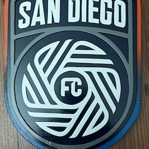 May include: A shield-shaped emblem with the words "SAN DIEGO" in white block letters. Below, a circular design with the letters "FC" in the center. The emblem features a navy blue background with white and gray accents, and orange and blue borders.
