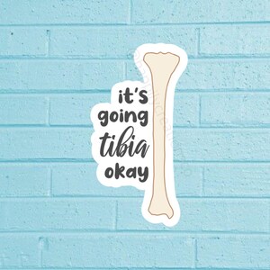 Pode incluir: Um autocolante branco com uma ilustração de desenho animado de uma tíbia e a frase "it's going tibia okay" em escrita preta. O autocolante está colocado sobre um fundo de parede de tijolo azul claro.