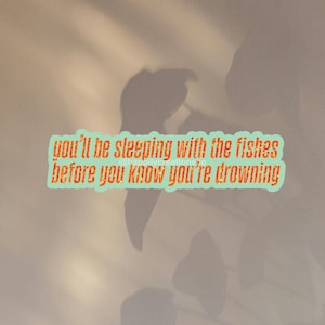 May include: A sticker with the text "you'll be sleeping with the fishes before you know you're drowning" in orange letters with a green outline. The sticker is on a light gray background with a shadow of a plant.