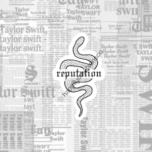 Può includere: Sticker in bianco e nero di un serpente con la parola "reputation" scritta in carattere gotico.