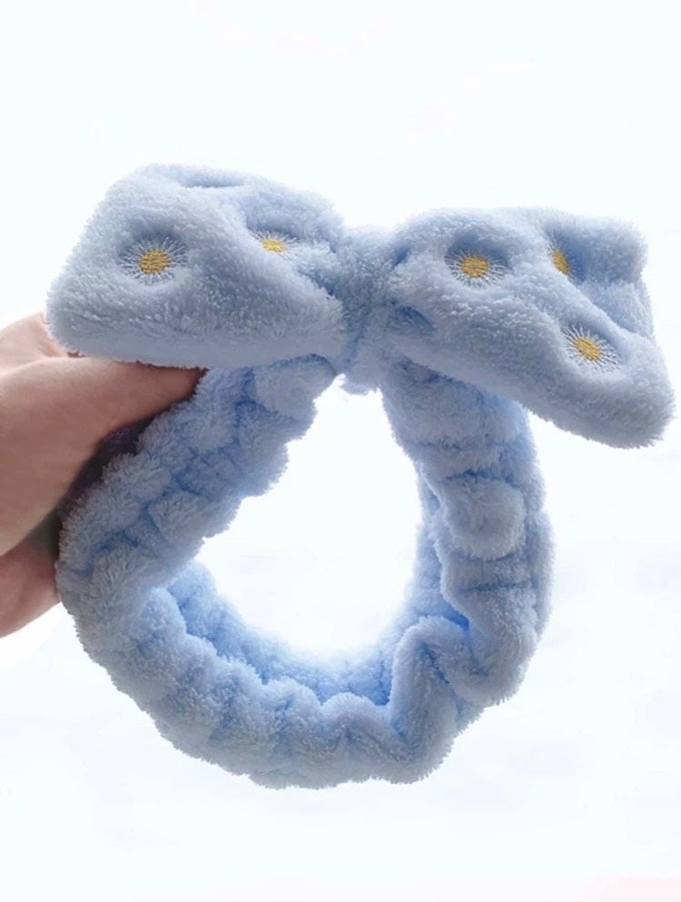 Fluffy Blue Skincare headband w/flowers on top Etsy