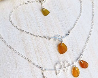 Brown sea glass and sterling silver bird necklace & bracelet. Ocean lovers gift, gift for her,beach glass jewellery, seaside