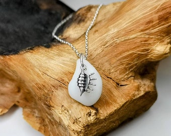 White milk sea glass & sterling silver seashell pendant, sea glass jewellery,  gifts for her,beach lovers gift,ocean gift, beach glass
