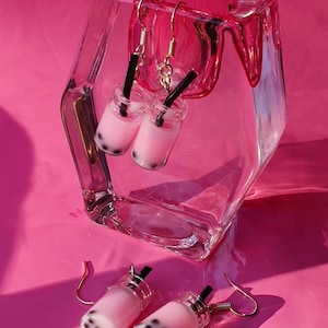Cute Boba Bubble Tea Earrings, Milk Tea Earrings, Brown Boba Earrings, Pink Boba Earrings