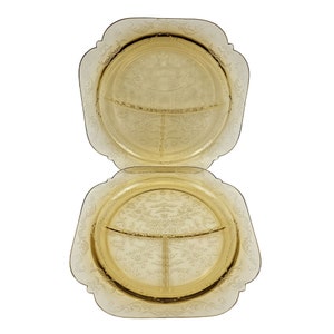 Vintage Federal Glass Amber Madrid Pattern Depression Divided Plates Set Of 2