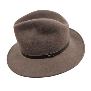 May include: A brown fedora hat with a black leather band. The hat has a classic, structured shape with a slightly indented crown and a wide brim. The leather band features a small, silver-colored logo.