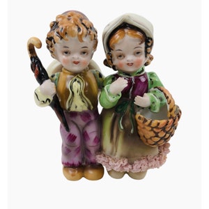 Vintage Porcelaine Garçon Fille Parapluie Extérieur Ferme Maison Décor Figurines