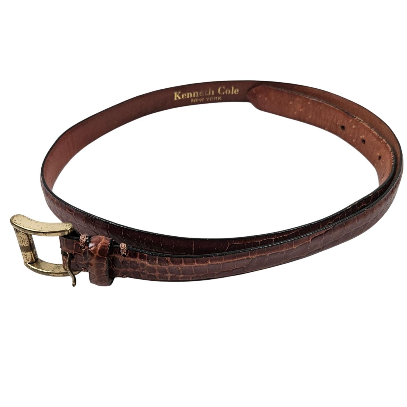 Kenneth Cole Mens Brown Italian Calfskin Leather Belt Gold 