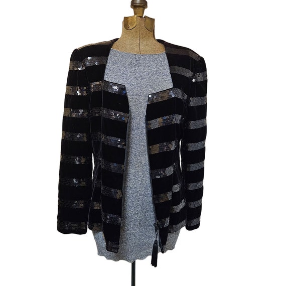 Vintage Farinae Jacket Women 12 Black Silver Sequ… - image 6