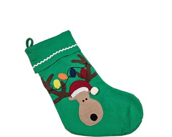 Green Felt Christmas Stocking Reindeer Festive Lights Vintage Holiday 19 in