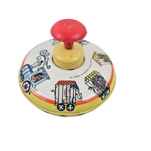 Vintage Ohio Art Circus Themed Tin Metal Spinning Top Toy Push Handle
