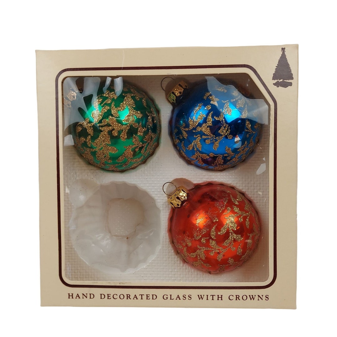 Christmas by Krebs Glass Ornaments Hand Decorated Crowns Set of 3