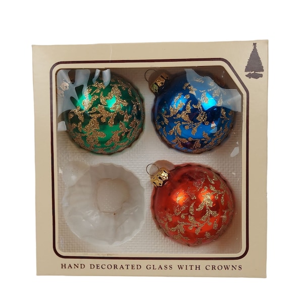 Christmas By Krebs Glass Ornaments Hand Decorated Crowns Set of 3 Vintage