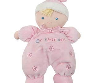 Carters Just One Year Plush My First Doll Blonde Blue Eyes Lovey Rattle Pink