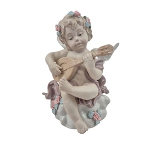 Angel Figurine Musical Cherubs Mandolin Floral Accents Wing Details Working