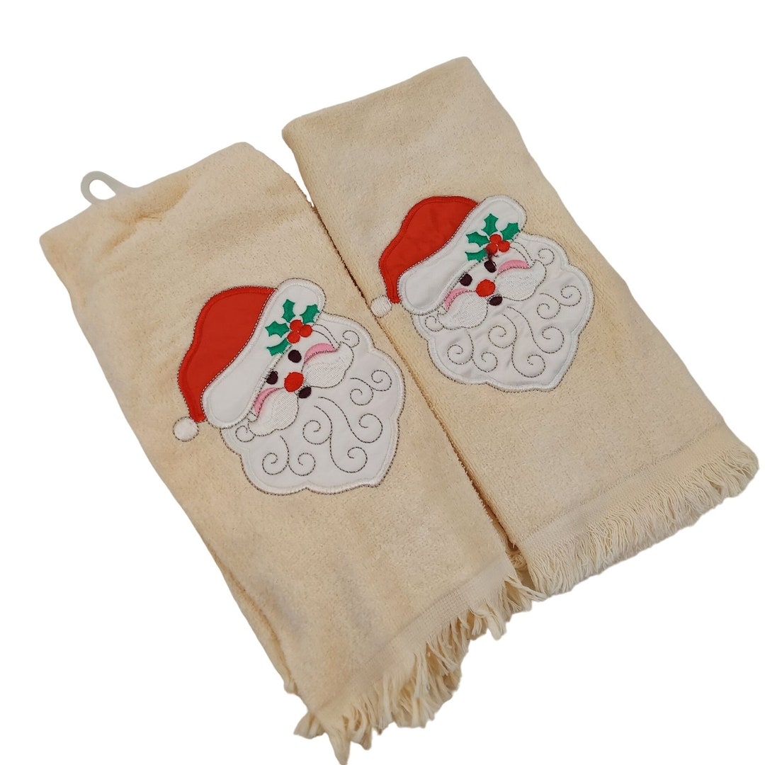 Cecil Saydah Christmas Santa Hand Towels Bathroom Kitchen Beige Neutral