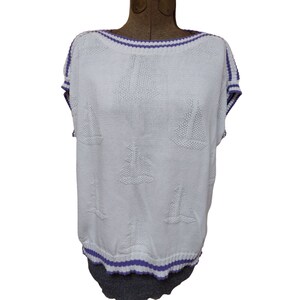 Vintage Jantzen Suéter Mujer Grande 44-46 Blanco Azul Manga Corta Dolman Varsity