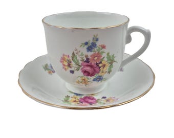 Vintage Bone China Teetasse Untertasse England Floral Gold Zierleiste Rosa Gelb Blau