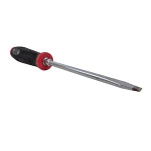 May include: A flathead screwdriver with a black handle, a red collar, and a silver shaft. The tool is designed for turning slotted screws and is commonly used in various repair and construction tasks.
