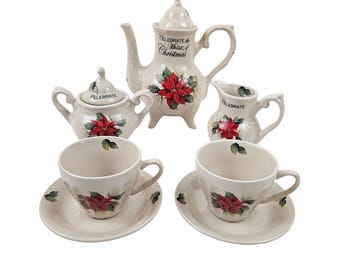 Vintage Lily Creek Ceramic Christmas Tea Set Poinsettia Design 9 Pieces