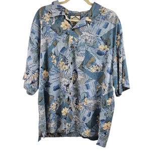 Three Palm Brand Herren XL Hawaii-Inseln Karte Button Up Shirt Seide Kurzarm