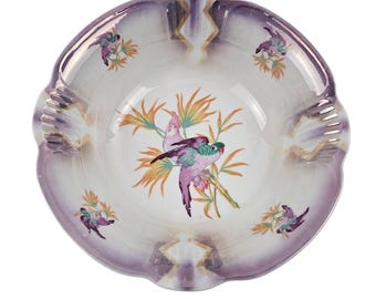 Bol decorativo de porcelana vintage con diseño de periquito y loro, pintado a mano.