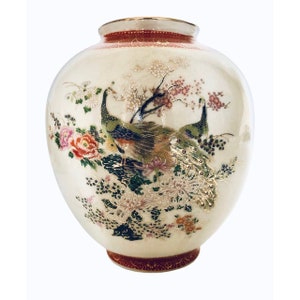 Vintage Satsuma Peacock Porcelain Urn Vase Home Decor Oriental Collectible