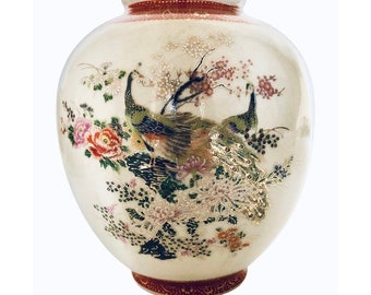 Vintage Satsuma Peacock Porcelain Urn Vase Home Decor Oriental Collectible