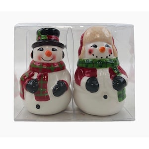 Conjunto de saleiro de sal e pimenta vintage, boneco de neve, decoração primitiva de mesa de Natal de inverno