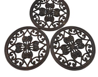 Cast Iron Decorative Trivets Set Of 3 Round Intricate Floral Scrollwork Design