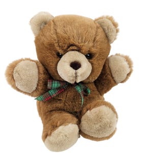 Vintage Jaff Brown Plush Teddy Bear Green Plaid Ribbon Bow