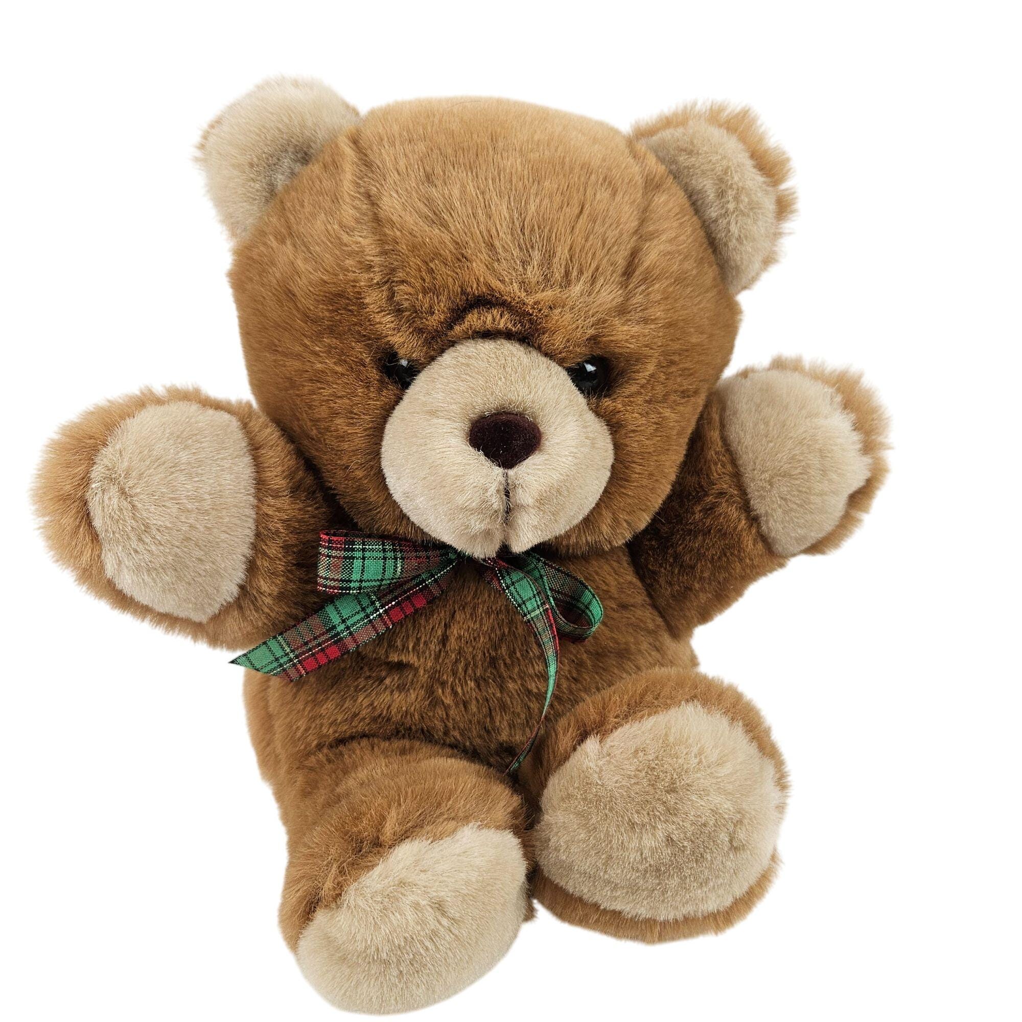 Vintage Jaff Brown Plush Teddy Bear Green Plaid Ribbon Bow