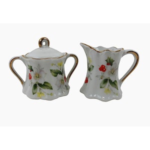 Vintage Porcelain Mini Creamer Sugar Set Floral Design Berries Leaves Gold Trim