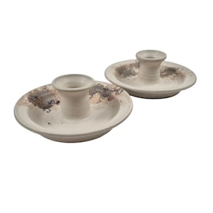 Studio Art Pottery Candlestick Holders Set of 2 Stoneware Cream Brown Round